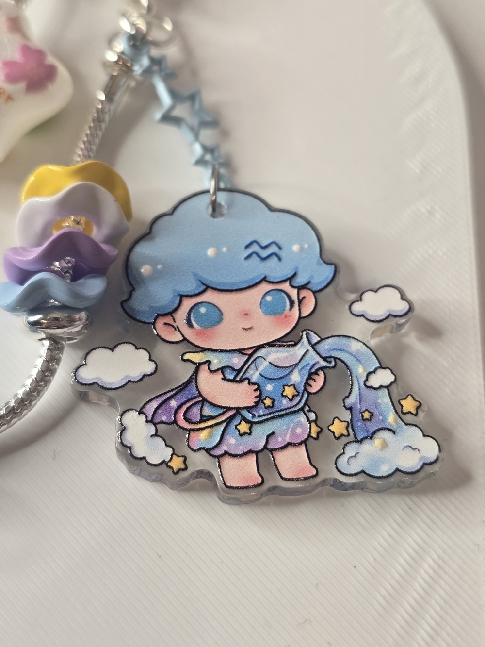 Cute Blue Cartoon Keychain for Kids - Star & Flower Charm - Picture 2 of 4